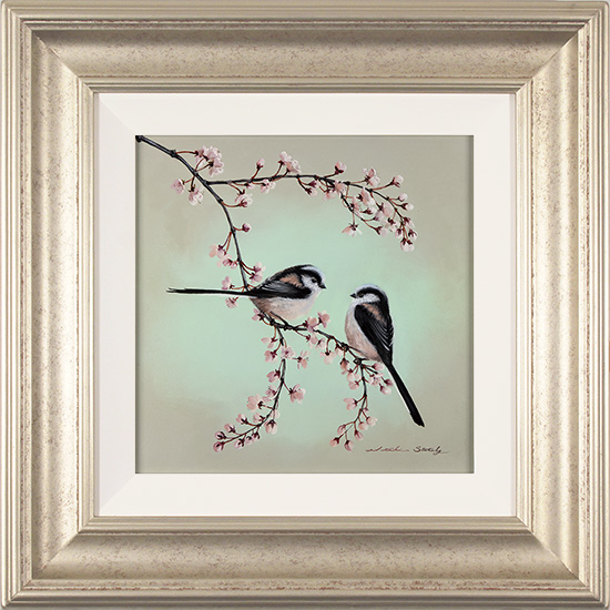 Natalie Stutely, Original oil painting on panel, Long-tailed Tits on Wild Cherry Blossom